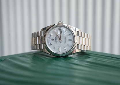 Rolex Day-Date 40 228239, 18k White Gold Case with Mother of Pearl Diamond Dial, President Bracelet