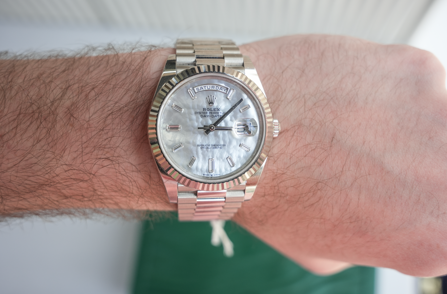 Rolex Day-Date 40 228239, 18k White Gold Case with Mother of Pearl Diamond Dial, President Bracelet