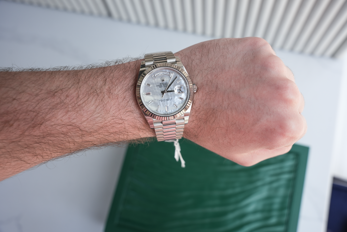 Rolex Day-Date 40 228239, 18k White Gold Case with Mother of Pearl Diamond Dial, President Bracelet