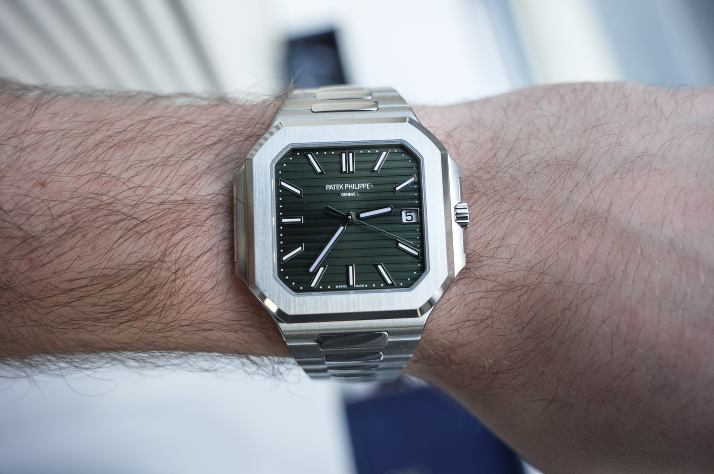 Patek Philippe Cubitus 5821/1A-001, Stainless Steel Case with Sunburst Olive Green Dial, Steel Bracelet