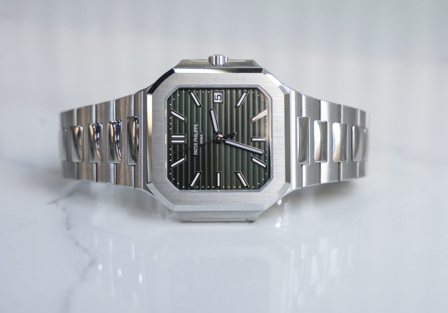 Patek Philippe Cubitus 5821/1A-001, Stainless Steel Case with Sunburst Olive Green Dial, Steel Bracelet