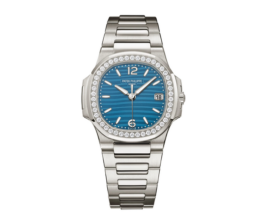 Patek Philippe Nautilus 7010/1G-013 18K White Gold Diamond Bezel Azure Blue Wave Dial 32mm Watch