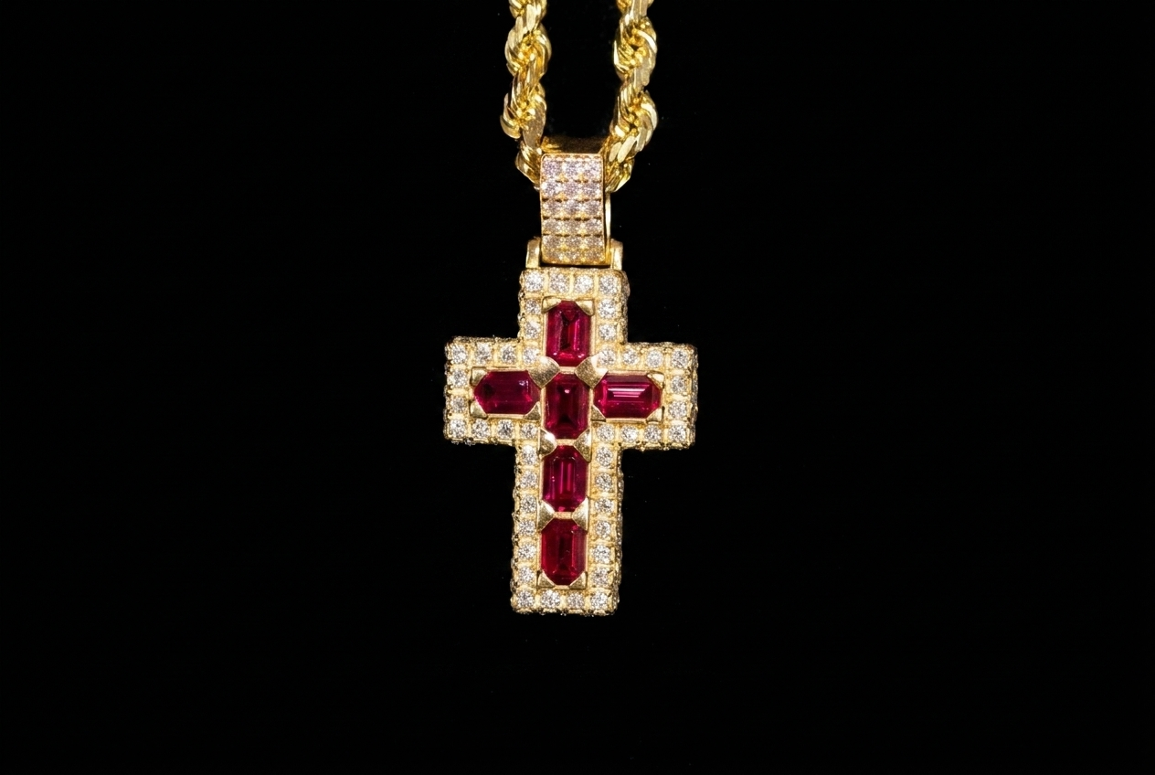 Ruby Emerald-Cut Cross Pendant
