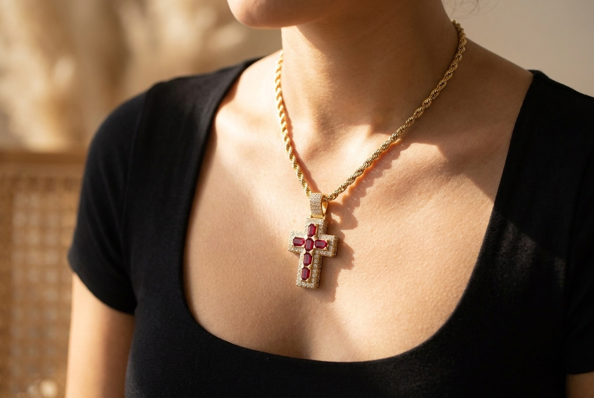 Ruby Emerald-Cut Cross Pendant