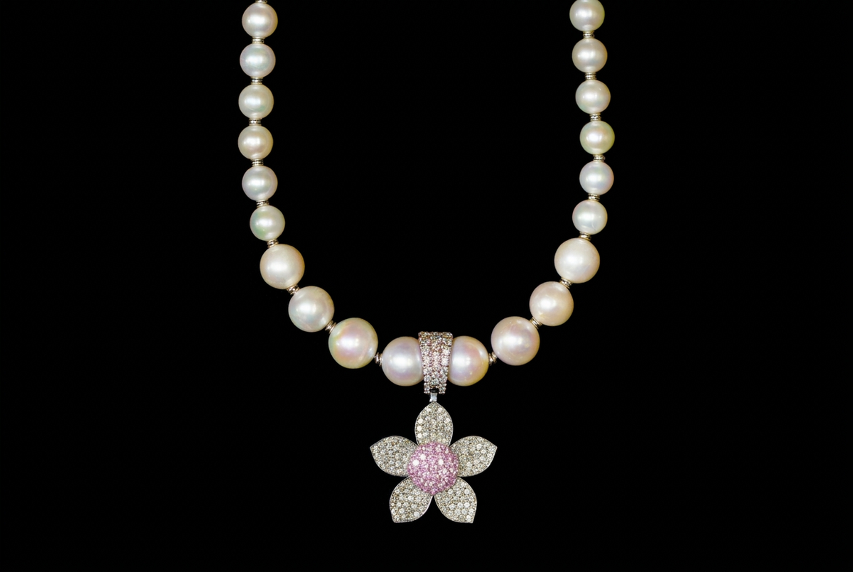 Pink Sapphire Flower Pearl Necklace