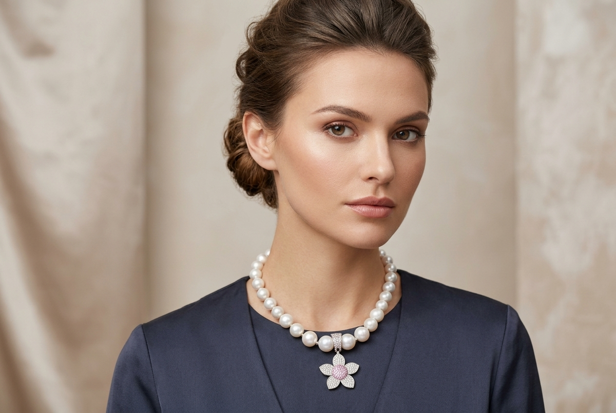Pink Sapphire Flower Pearl Necklace