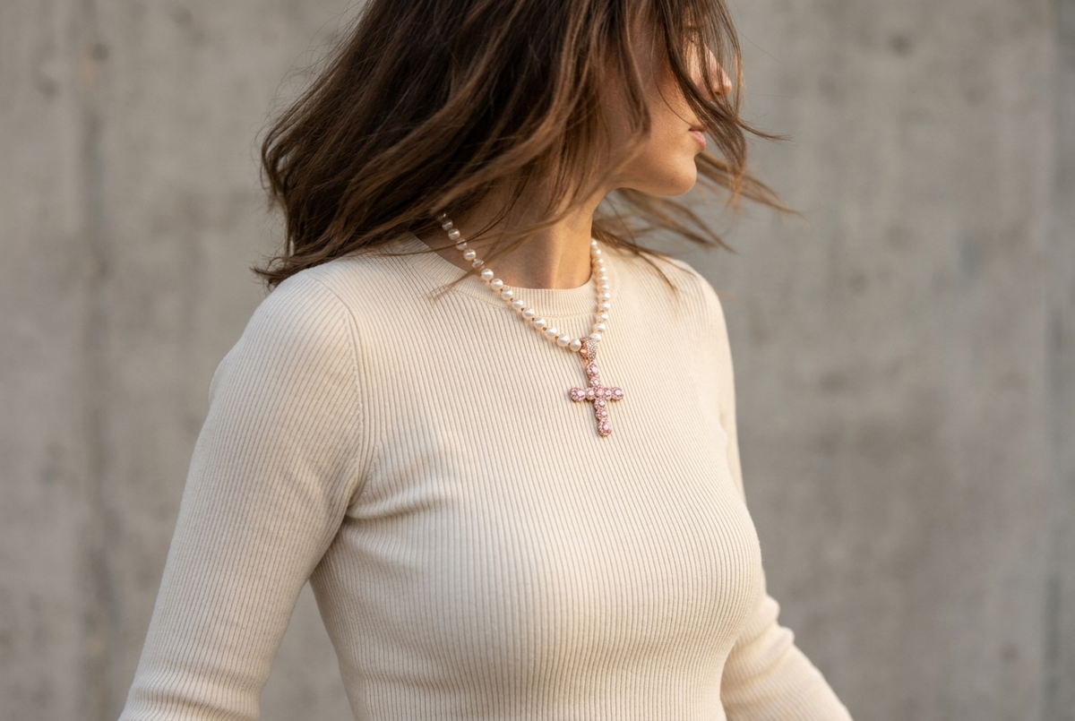 Pink Cross Pearl Necklace