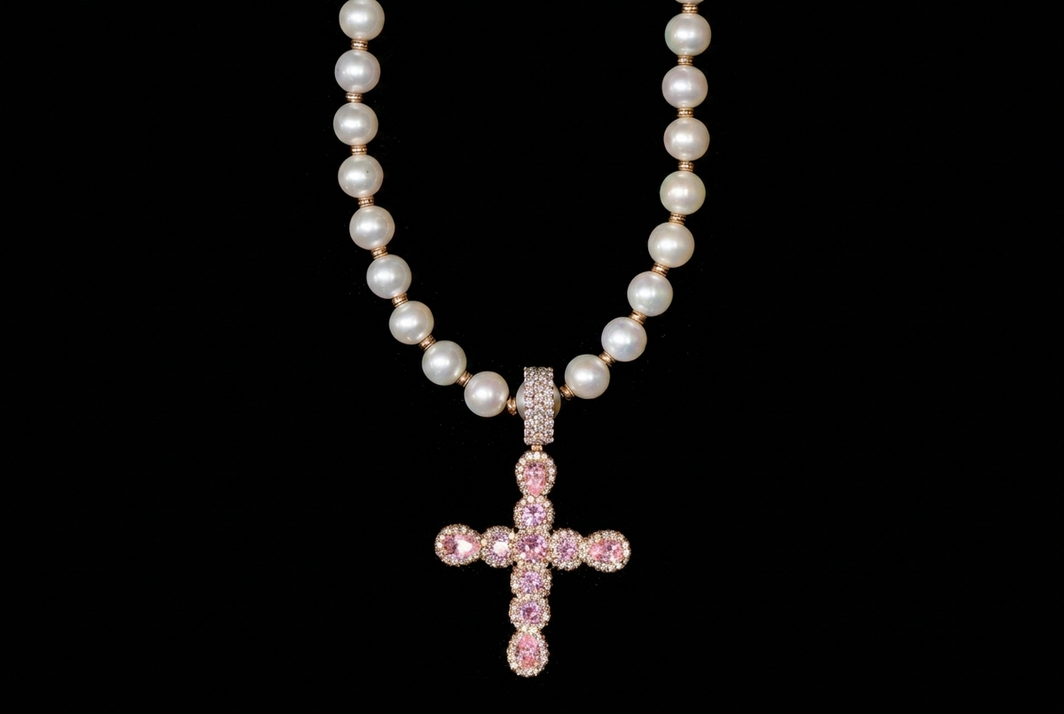 Pink Cross Pearl Necklace