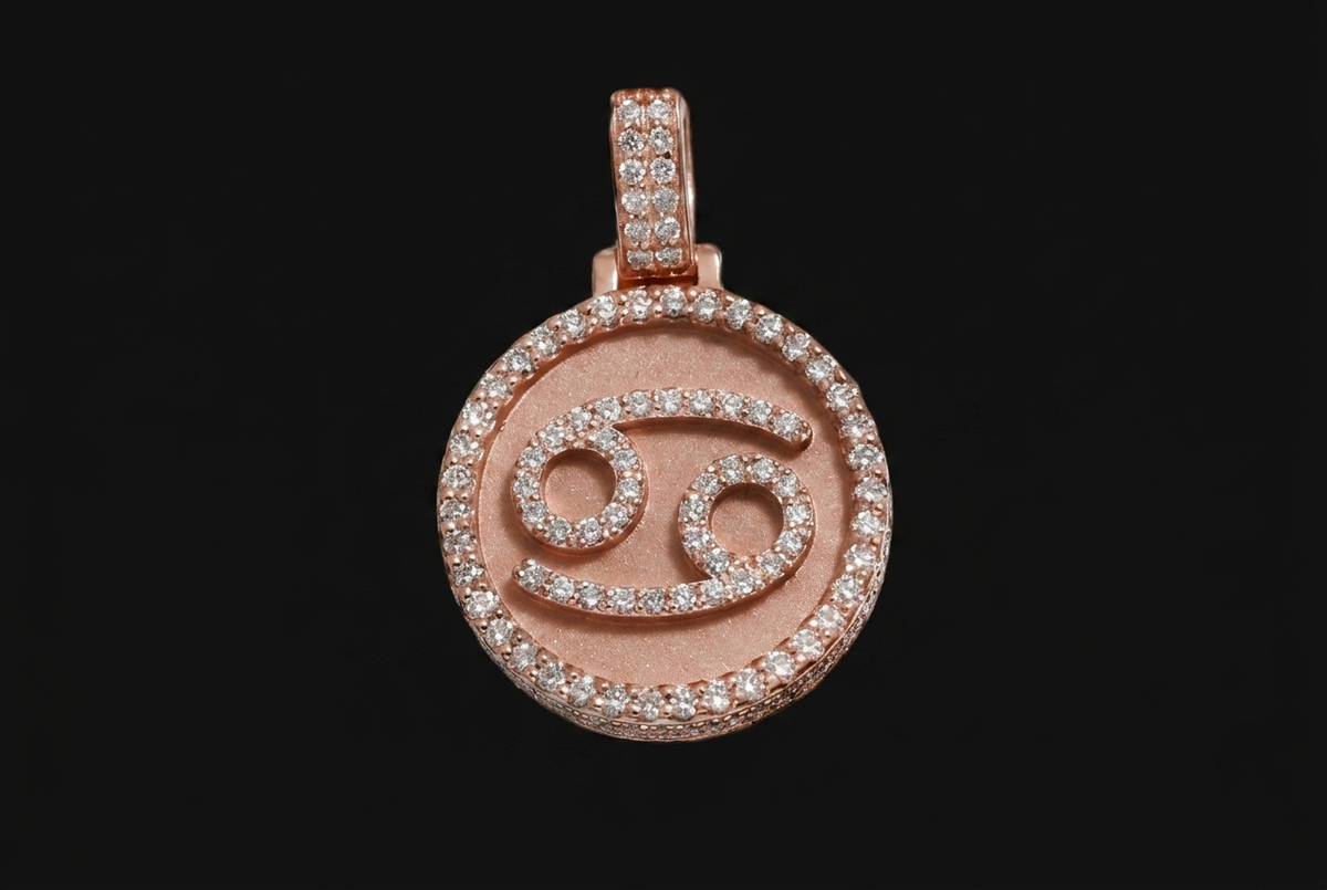Rose Gold Cancer Zodiac Medallion Pendant — Pave Diamond