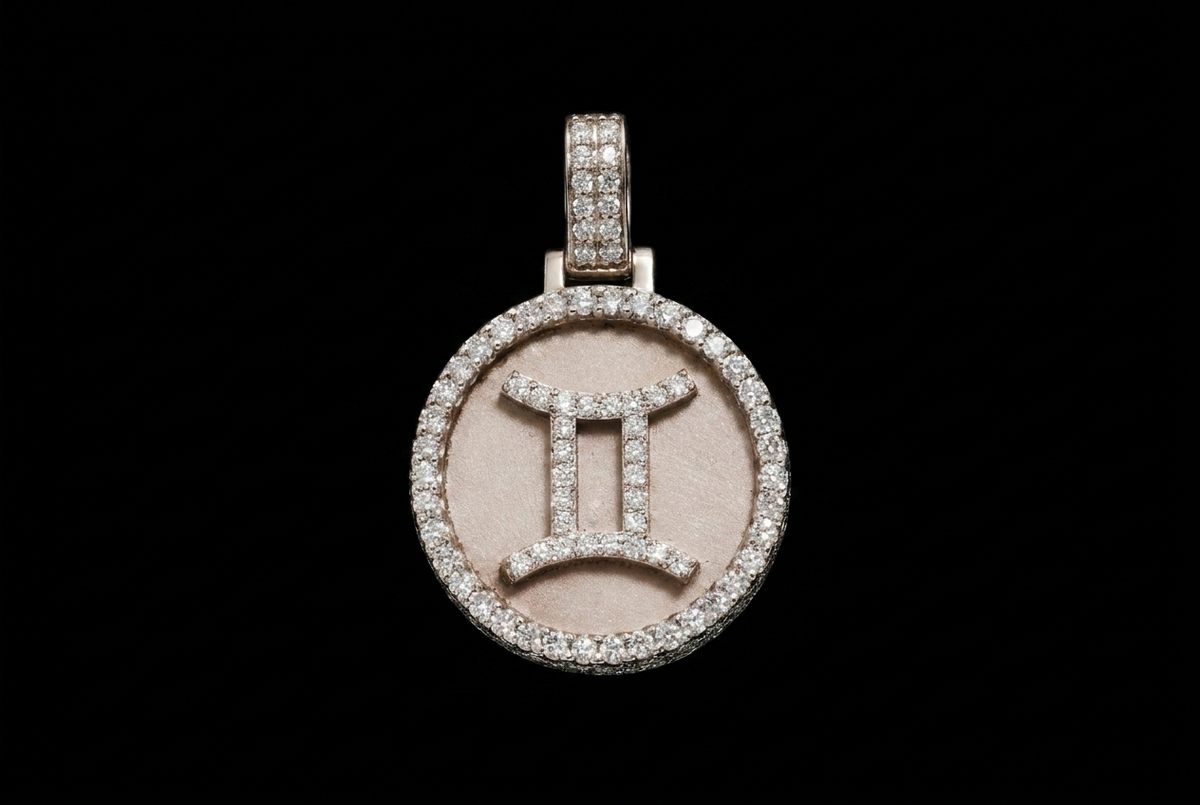 White Gold Gemini Zodiac Medallion Pendant — Pave Diamond