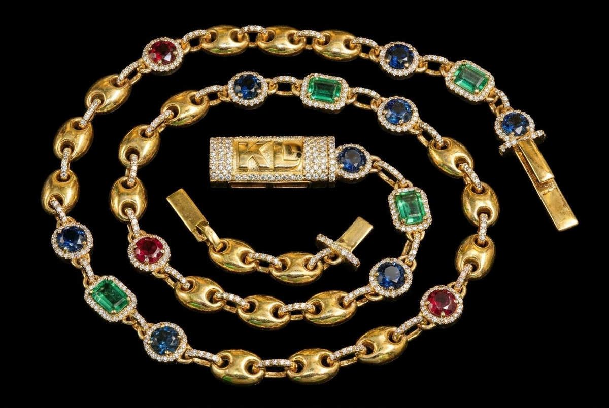 Custom Multi-Gemstone Puffed Mariner Chain & Bracelet Set — Gold
