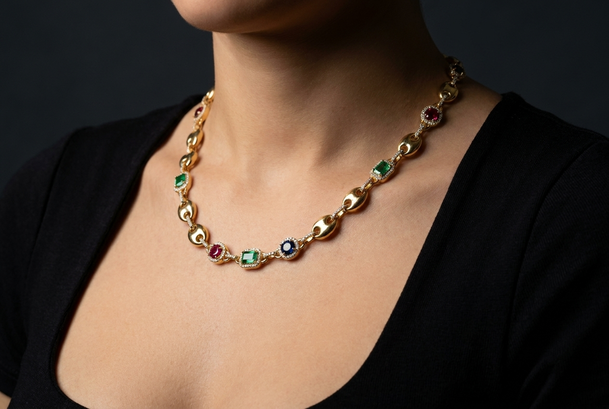 Custom Multi-Gemstone Puffed Mariner Chain & Bracelet Set — Gold