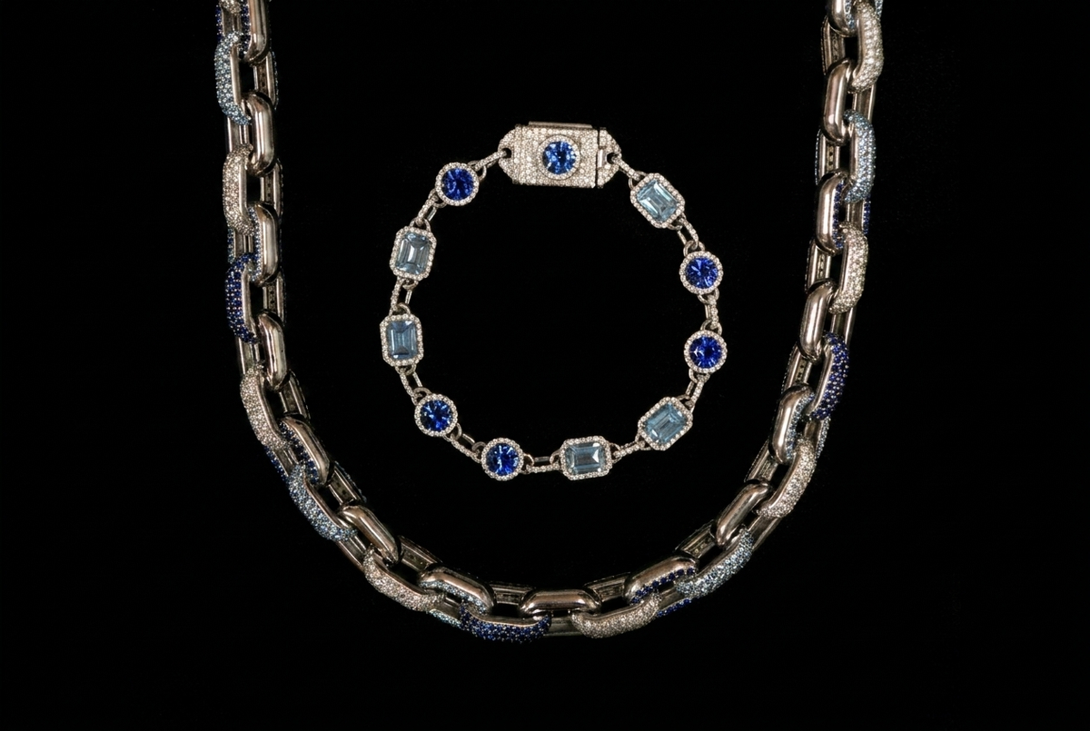 Sapphire & Aquamarine Pave Link Necklace & Bracelet Set — White Gold