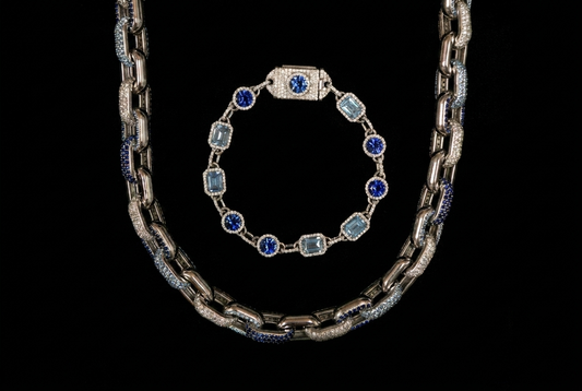 Sapphire & Aquamarine Pave Link Necklace & Bracelet Set — White Gold