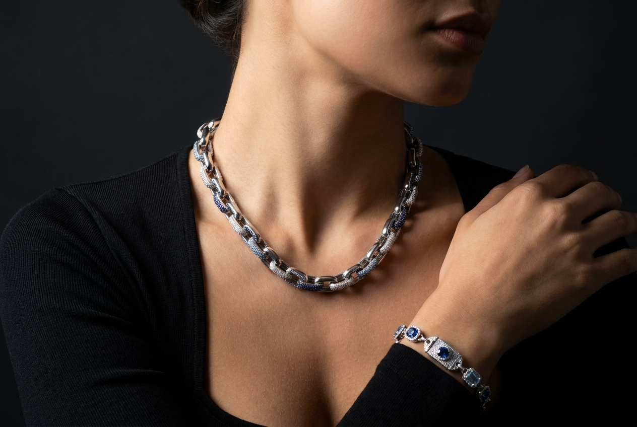 Sapphire & Aquamarine Pave Link Necklace & Bracelet Set — White Gold