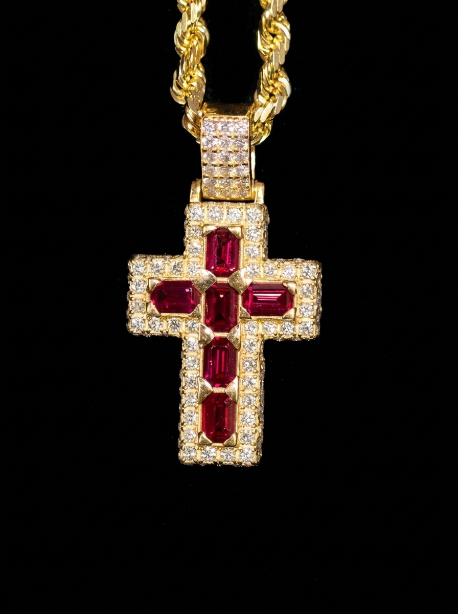 Ruby Emerald-Cut Cross Pendant