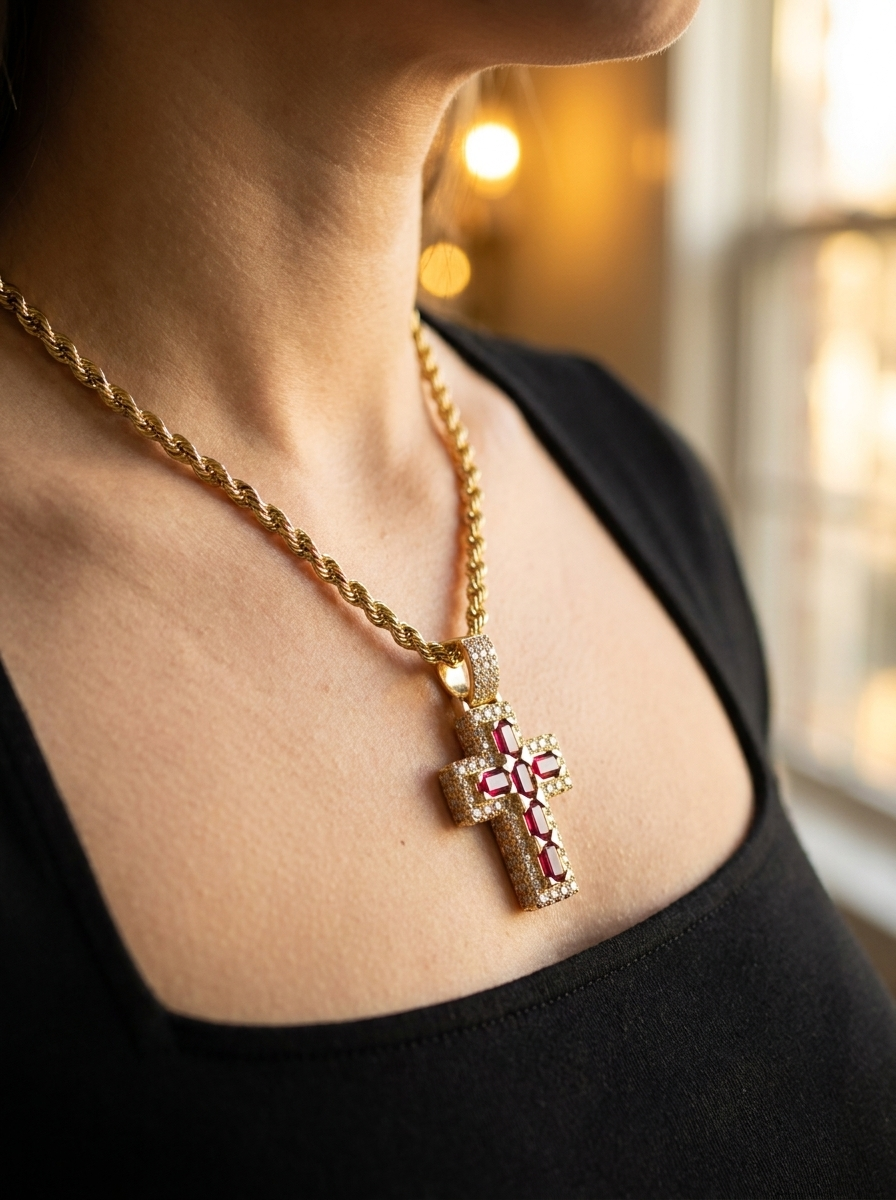 Ruby Emerald-Cut Cross Pendant