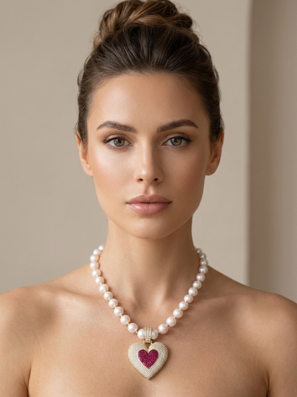 Ruby Heart Pearl Necklace