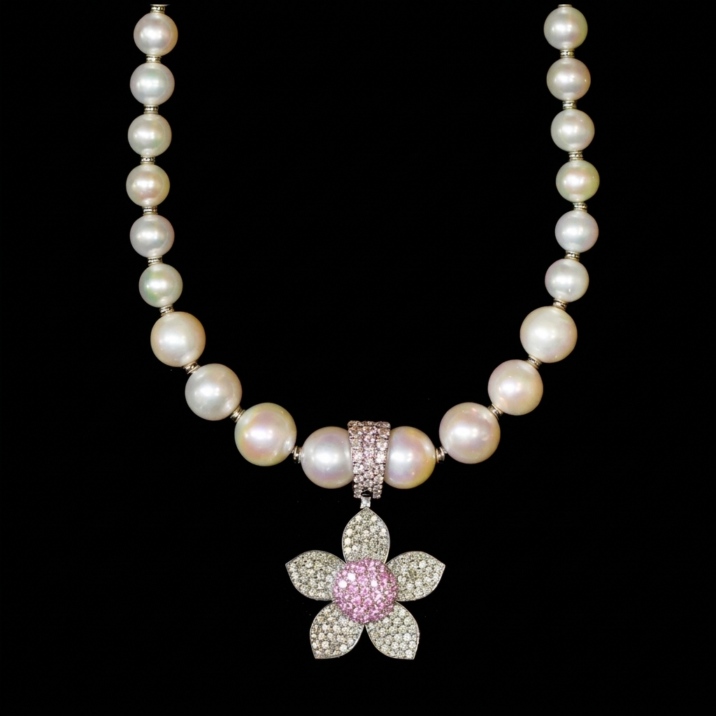 Pink Sapphire Flower Pearl Necklace