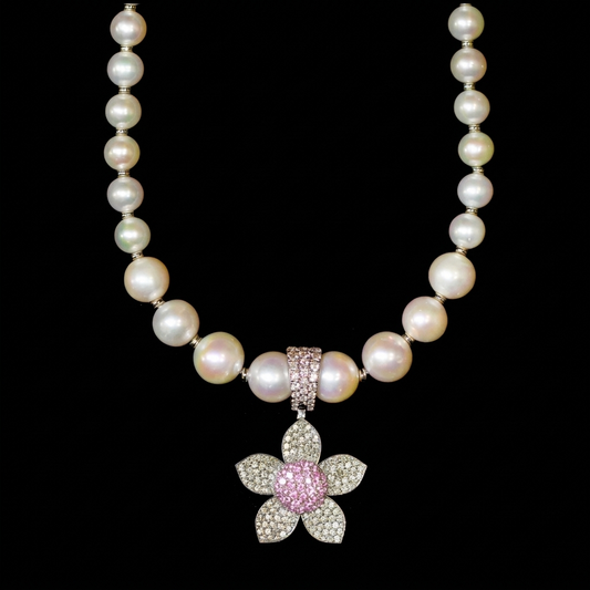 Pink Sapphire Flower Pearl Necklace