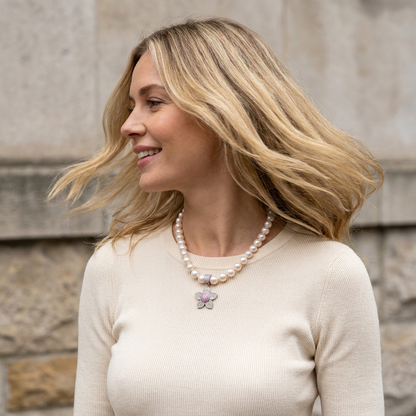 Pink Sapphire Flower Pearl Necklace