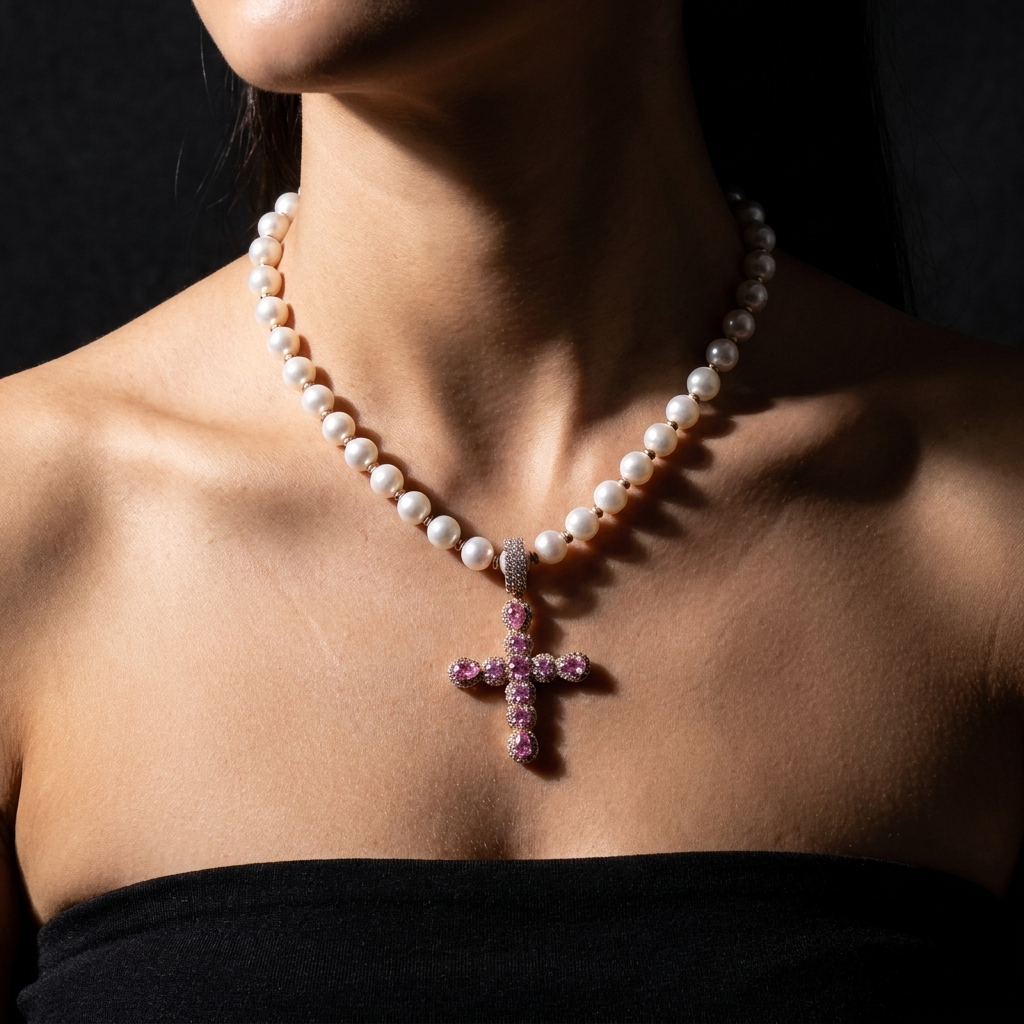 Pink Cross Pearl Necklace