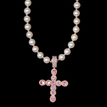 Pink Cross Pearl Necklace