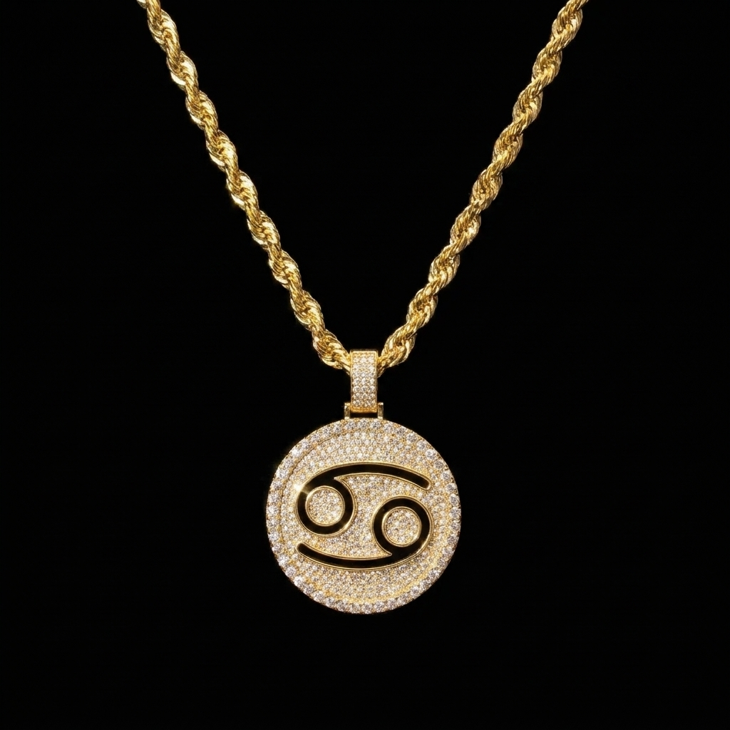 Cancer Zodiac Pave Diamond Medallion — Gold Rope Chain