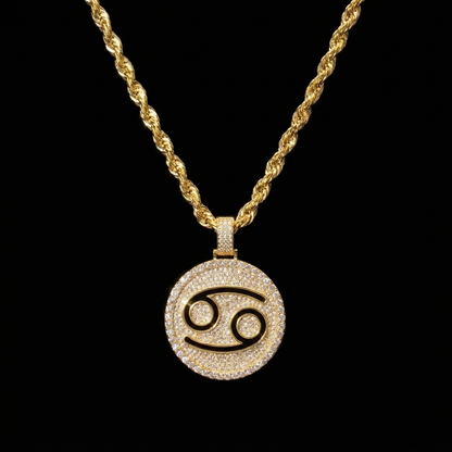 Cancer Zodiac Pave Diamond Medallion — Gold Rope Chain