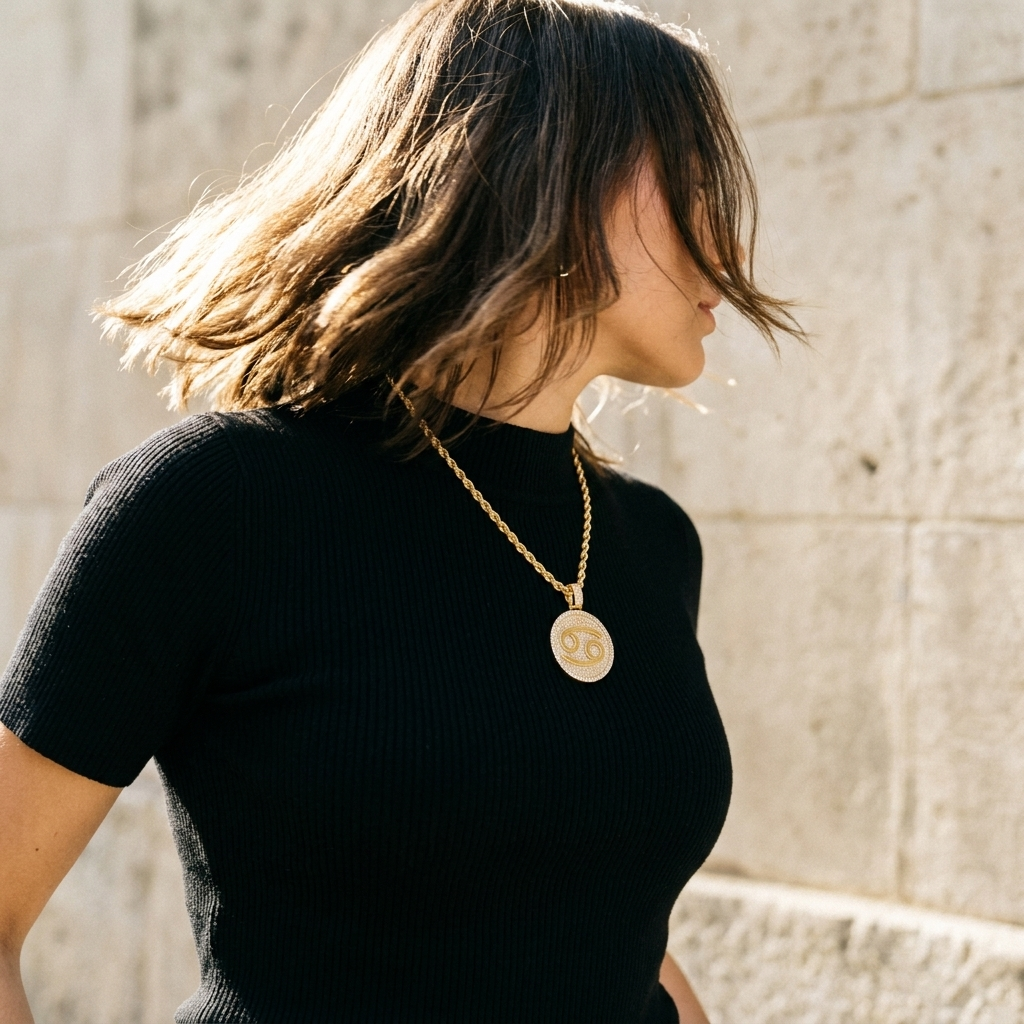 Cancer Zodiac Pave Diamond Medallion — Gold Rope Chain