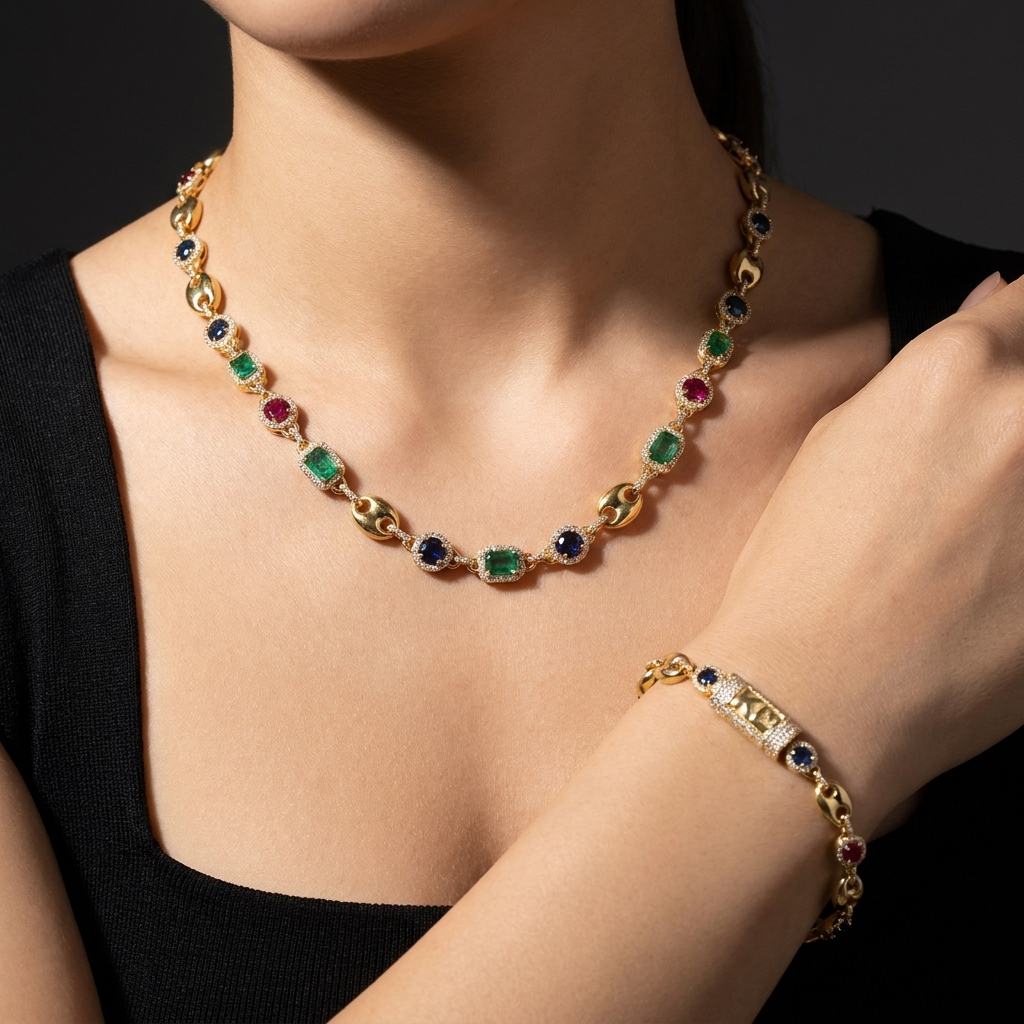Custom Multi-Gemstone Puffed Mariner Necklace & Bracelet Set