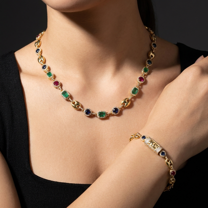 Custom Multi-Gemstone Puffed Mariner Necklace & Bracelet Set