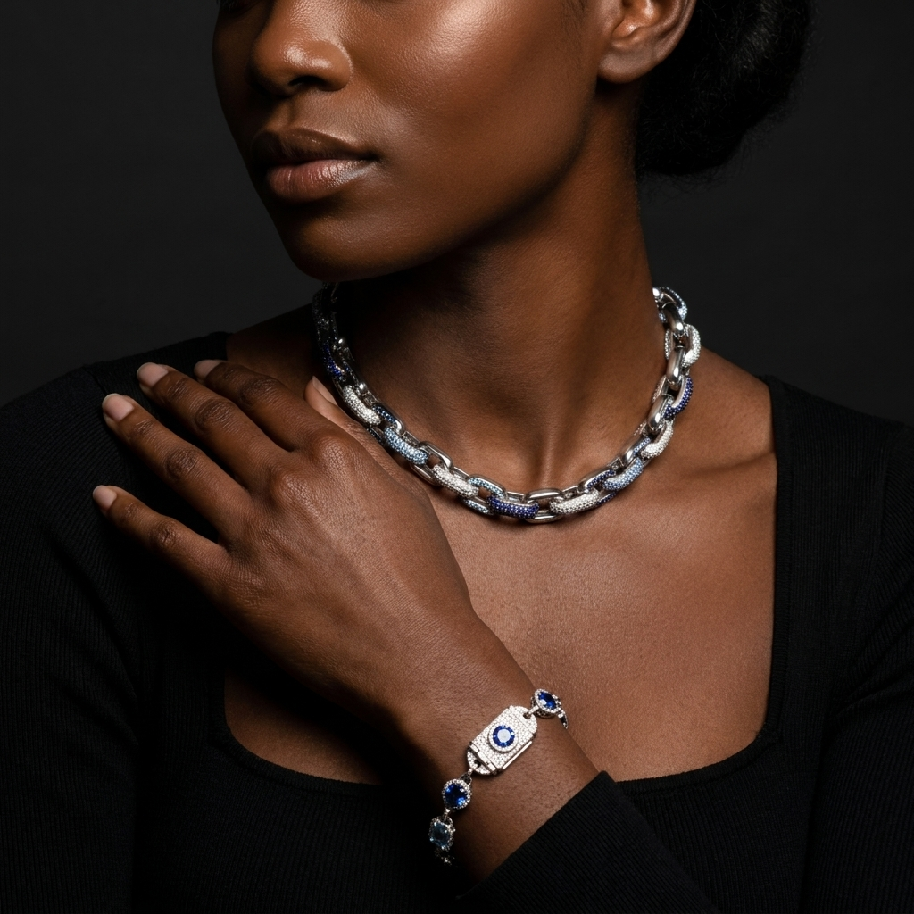Sapphire & Aquamarine Pave Link Necklace & Bracelet Set — White Gold