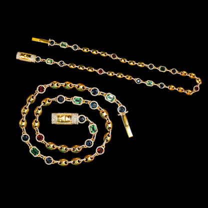 Custom Multi-Gemstone Puffed Mariner Necklace & Bracelet Set