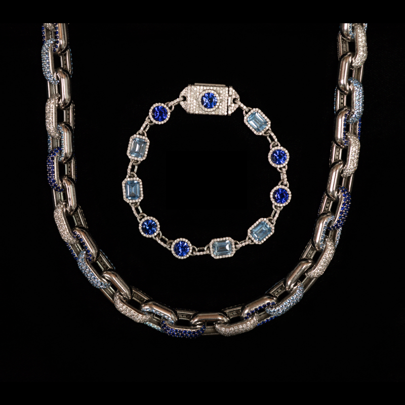 Sapphire & Aquamarine Pave Link Necklace & Bracelet Set — White Gold