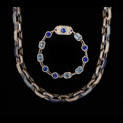 Sapphire & Aquamarine Pave Link Necklace & Bracelet Set — White Gold