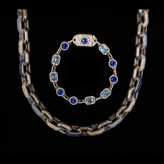 Sapphire & Aquamarine Pave Link Necklace & Bracelet Set — White Gold