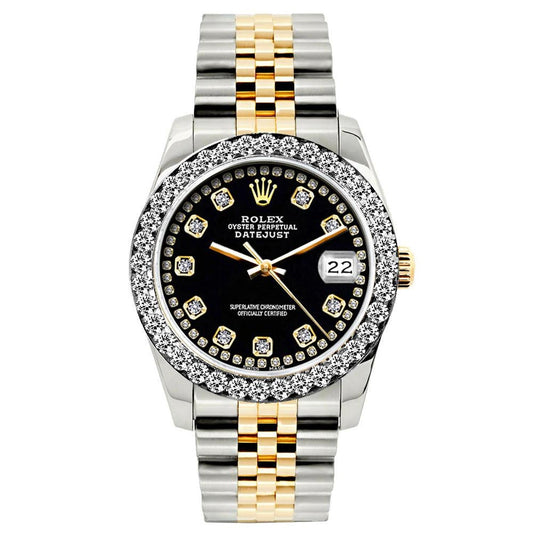 Rolex Datejust 26MM 6917 Black Diamond Dial Diamond Bezel Two Tone Yellow Gold Jubilee Bracelet 1.2ct front view