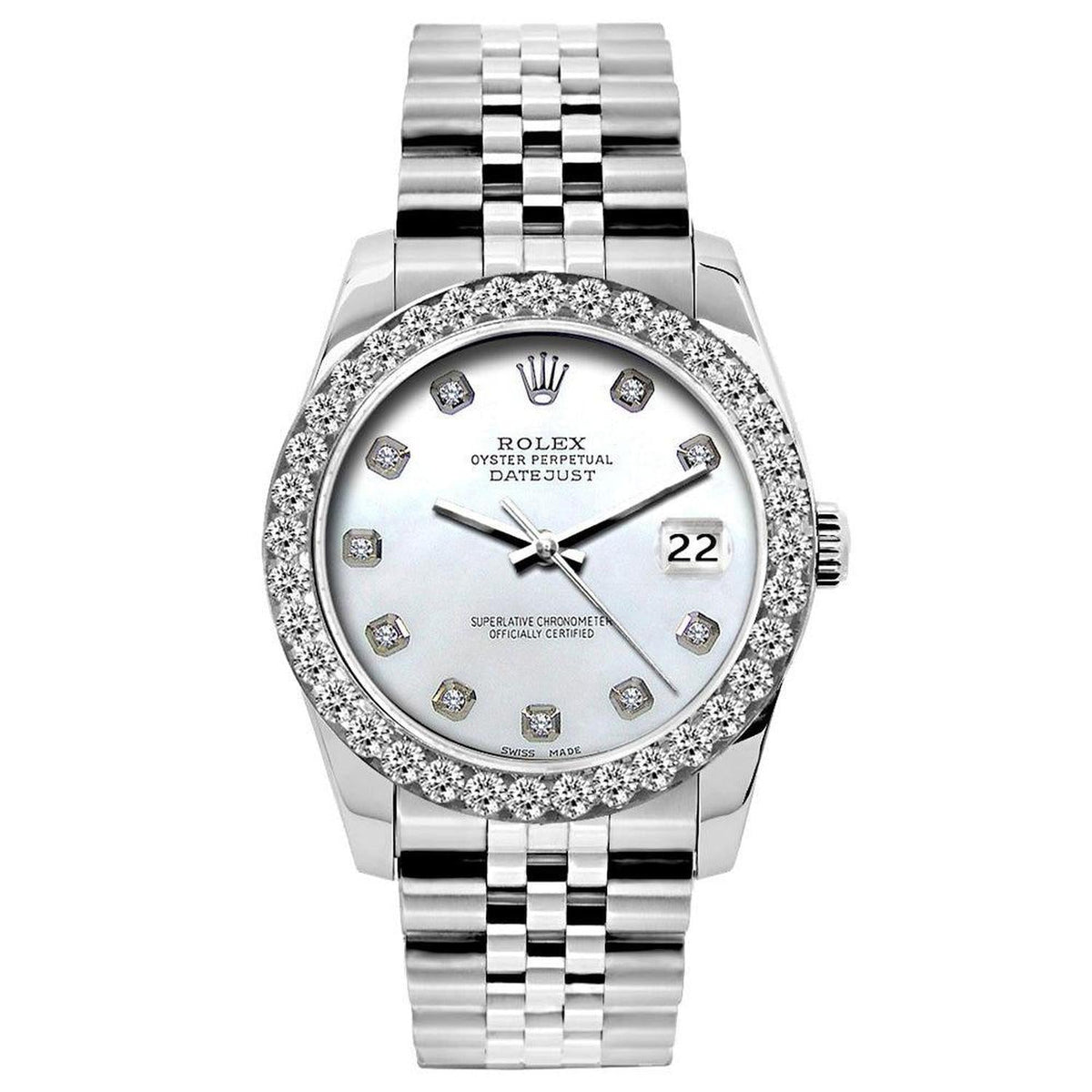 Rolex Datejust 26MM 6916 White Mother of Pearl Diamond Dial Diamond Bezel Stainless Steel Jubilee Bracelet 1.2ct front view